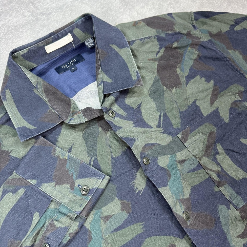 Ted Baker Button Front Shirt Mens 6 Blue Green Abstract Camo MMA-FIELDER LS